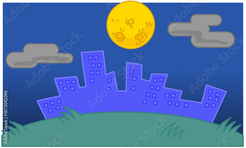 夜の街並みと月をシンプルに描いたポップな背景のイラスト