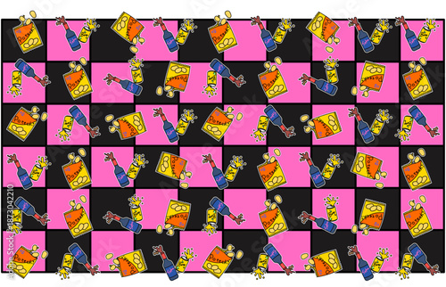 ポテトチップスと酒が散らばる中毒的なパターン背景イラスト