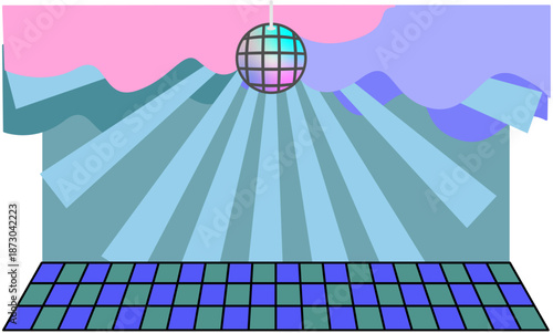 ディスコボールが輝くクラブ風ステージ背景のイラスト