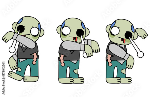 無表情で腕を振りながら踊るゾンビの男性3体 イラスト