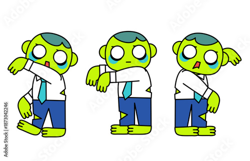 ゾンビ化したサラリーマンが無表情で踊る様子イラスト