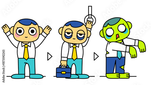 通勤によって精神を消耗しゾンビ化していく会社員の変化を表現したイラスト