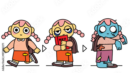 勉強や努力で疲弊しゾンビ化していく女子学生の変化イラスト