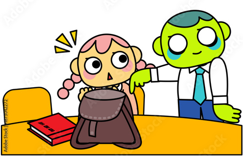 ゾンビ上司に肩を叩かれる若い女性の恐怖イラスト