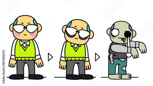 仕事のストレスでゾンビ化していく中年男性の変化イラスト