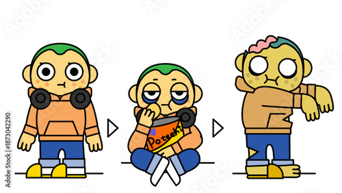 間食や依存で徐々にゾンビ化していく若い男性の変化イラスト