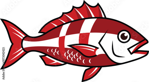 Red fish illustration, stylized marine animal vector, bold seafood icon design, colorful cartoon fish graphic, isolated aquatic wildlife artwork