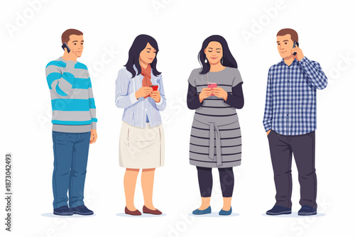 Characters coming together in a social environment and busy with their phones.