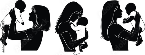 Mother holding baby silhouette, woman lifting infant, maternal bonding, parenting love, emotional care, black vector art, motherhood icon, nurturing pose