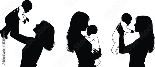 Mother lifting baby silhouette, woman holding infant, maternal love, family bonding, motherhood icon, nurturing pose, emotional connection, black vector art