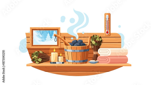 Sauna interior with wooden bucket hot stones steam and bath accessories.