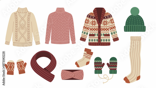 Collection of cozy knitted winter clothing and accessories.