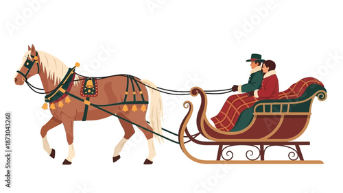Horsedrawn sleigh with two people enjoying a winter ride.