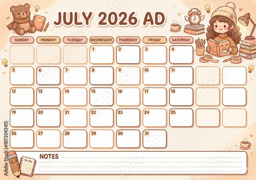 vector illustration of a calendar for July 2026