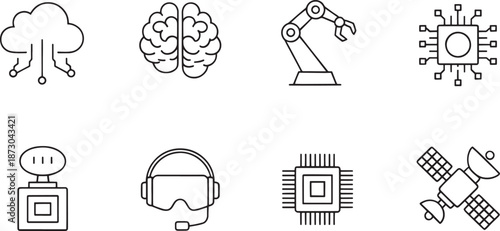 Eight technology icons depicting concepts like cloud computing, human brain, robotic arm, microchip, communication device, VR headset, processor, and satellite.
