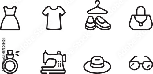 Set of thin line icons representing various female apparel and fashion items such as a dress, t-shirt, shoes, hat, and sewing machine.