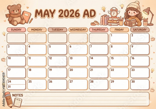 vector illustration of a calendar for May 2026