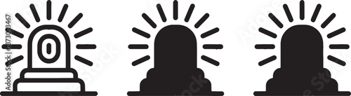 Set of three distinct alarm siren light icons illustrates concepts of immediate warning, emergency signal, and security alert in bold black graphic styles.