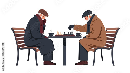 Two elderly men playing chess outdoors on a table with coffee cups.