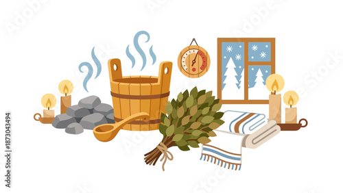 Sauna Accessories and Winter Window Scene.