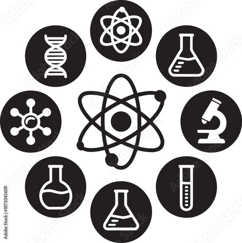 Central atomic model is surrounded by circular icons representing DNA, flasks, and microscopes, forming a cohesive science concept graphic.