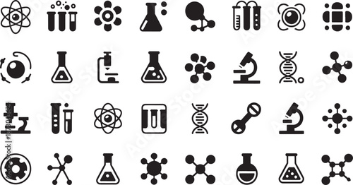 Various black and white laboratory equipment and molecular structure icons are arranged in a uniform grid pattern for scientific study.