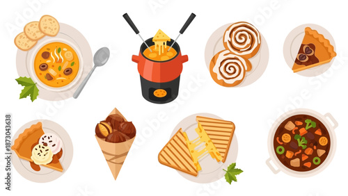 Delicious Assortment of Comfort Food Dishes and Desserts.