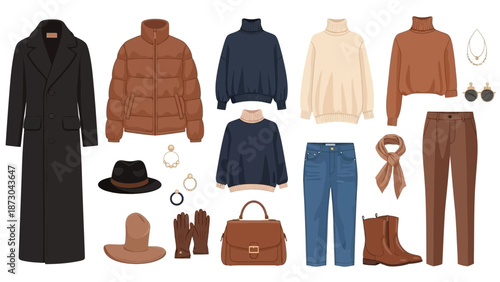 Autumn and winter womens clothing collection with accessories on a white background.