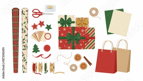Christmas Gift Wrapping Supplies Flat Lay.