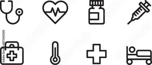 Row of fundamental medical diagnostic and treatment icons shows a stethoscope, heart rhythm line, medicine vial, syringe, first aid kit, thermometer, cross, and patient bed.