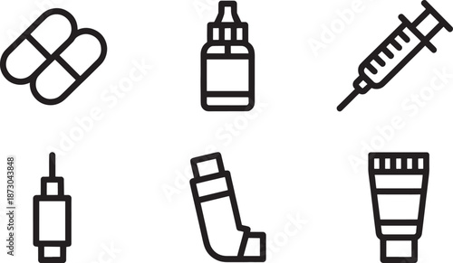 A set of six minimalist black icons illustrates pharmaceutical items like medication capsules, an eyedropper bottle, an asthma inhaler, and a cream tube for health applications.