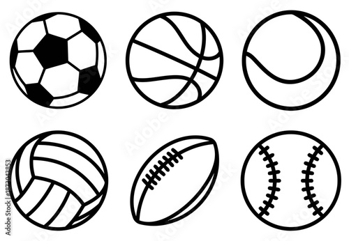 Variety of sports balls outlines including soccer, basketball, tennis