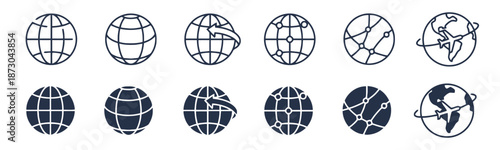 Variety of Globe Icons Showcasing Worldwide Connections and Global Themes in Dark and Light Versions Exactly Two Hundred Characters for SEO Use