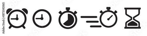 Various Black Time Icons Depicting Clock Alarm Stopwatch Hourglass Timer Deadline Urgency Punctuality Schedules Reminders Appointments Countdown Duration and Measurement