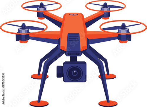 Quadcopter drone, aerial photography device, modern technology illustration, surveillance artwork, recreational flying gadget, orange body, blue accents, camera design