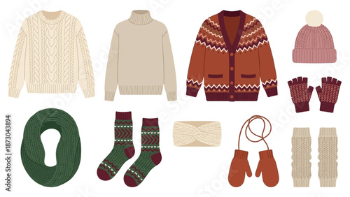 Collection of various warm winter clothing and accessories.