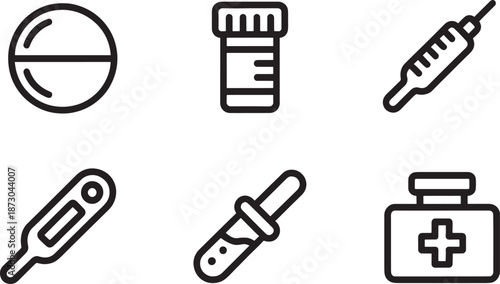 Various essential medical and healthcare icons, including a pill, a pill bottle, a syringe, a thermometer, a dropper, and a first aid kit, are clearly depicted in a minimalist line art style.