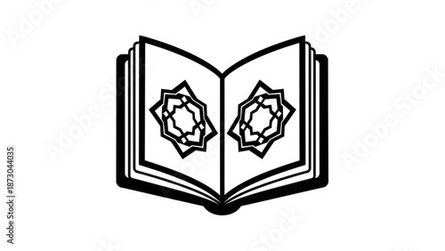 Open Book with Islamic Symbols on White Background
