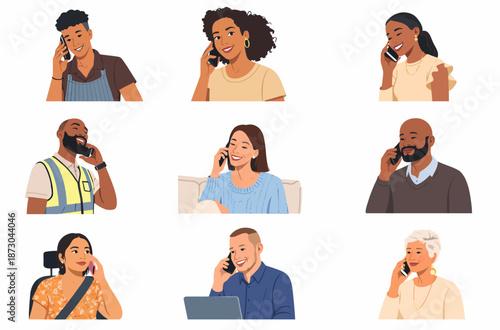 Modern group displaying various emotions while interacting with their mobile devices.