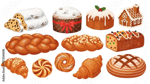 Assortment of freshly baked pastries and breads for holiday celebrations.