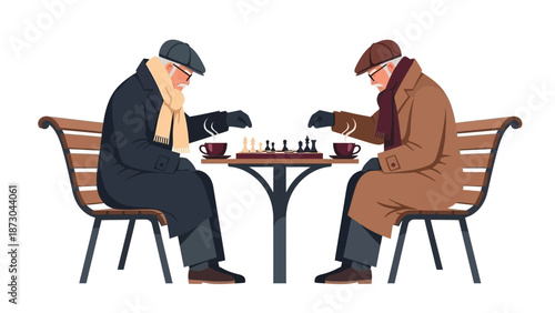 Two elderly men playing chess outdoors on a park bench.