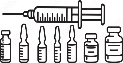 Medical instruments like a syringe, vials, and ampoules are depicted in a clean, minimalist line art style on a plain white background, symbolizing healthcare, vaccination, and pharmaceutical.