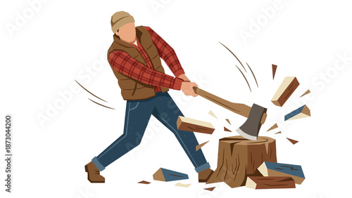 Lumberjack chopping wood with an axe a man in a plaid shirt and vest splitting logs isolated on white background.