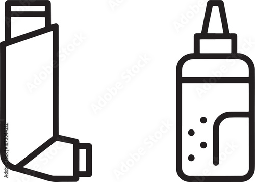 Outline icon showing a medical asthma inhaler and a nasal spray bottle, representing common treatments for respiratory and allergic conditions.