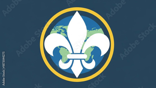 Fleur de Lis Emblem with Globe Symbol on Navy Blue Background