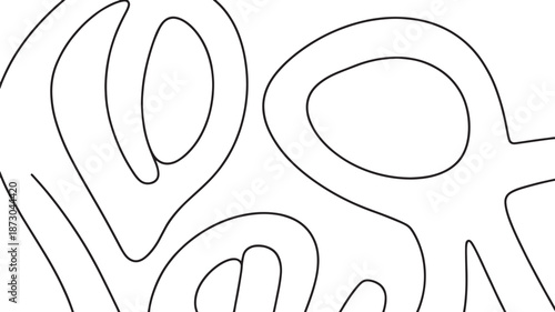 Abstract black and white line art forms a continuous, flowing pattern with organic, interconnected shapes on a pristine white background.