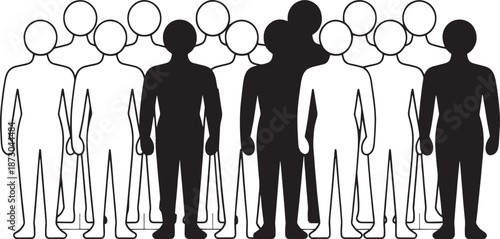 A diverse crowd of stylized human figures, featuring both solid black and outlined white individuals, stands together against a clean white background, symbolizing unity and difference within society.