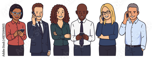 Moments when a group of characters waits in a social environment by checking their phones.