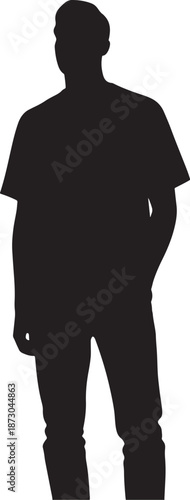 Male silhouette rendered in solid black, portraying a person dressed in a t-shirt and jeans with one hand casually tucked into a pocket, standing upright on a white background.