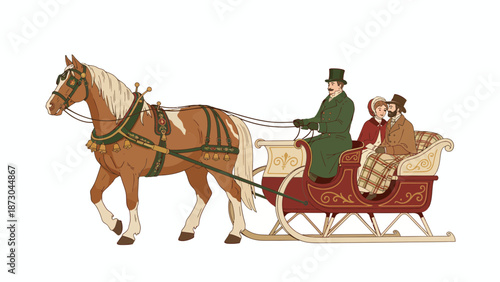 Vintage illustration of a horsedrawn sleigh with a couple enjoying a winter ride.